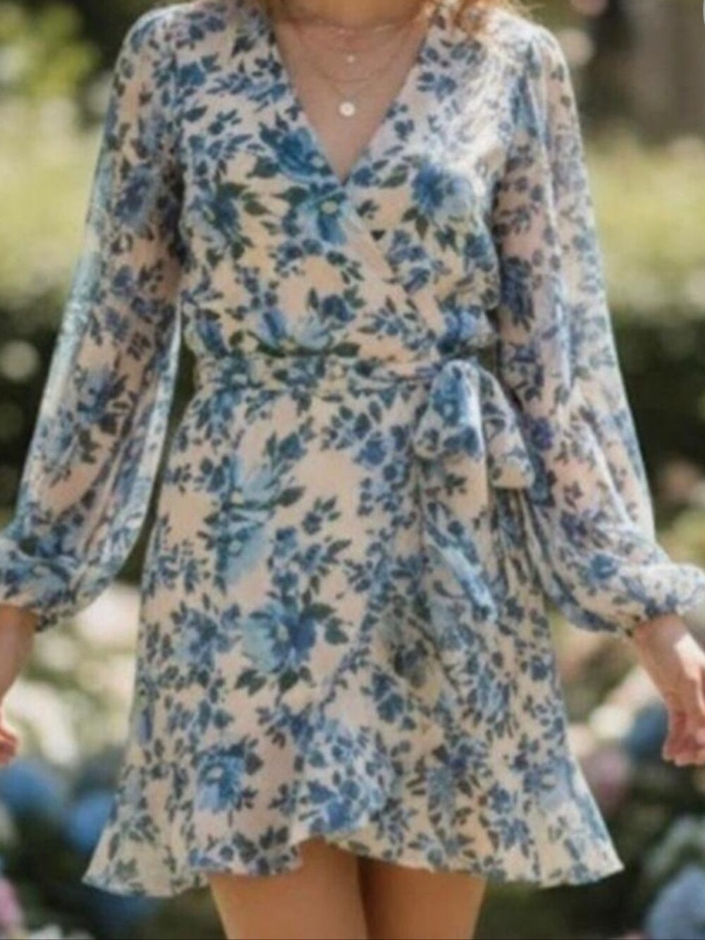 Floral V-Neck Long Sleeve Dress in Blue
